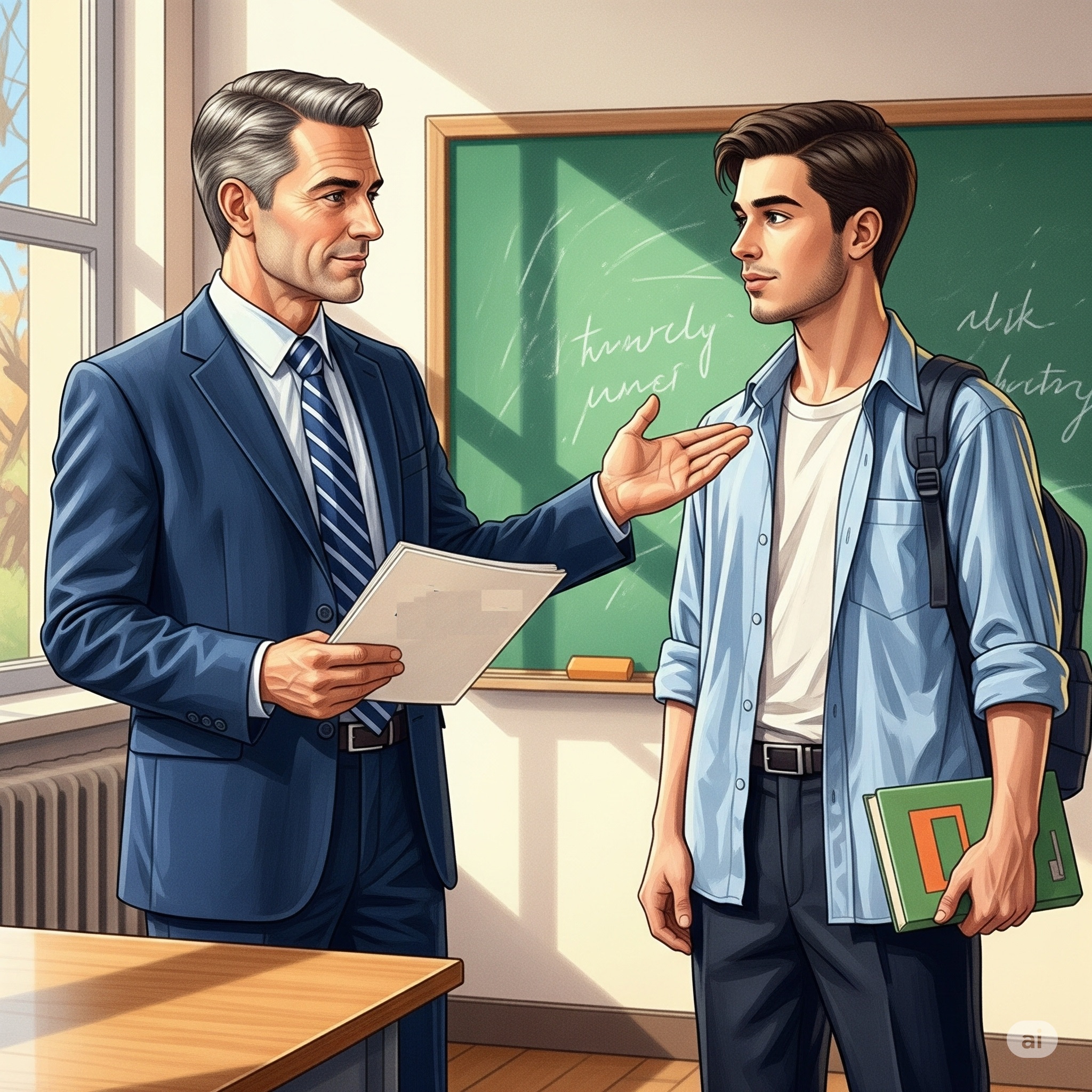 Un inspecteur et un élève qui est lui même, en plus jeune